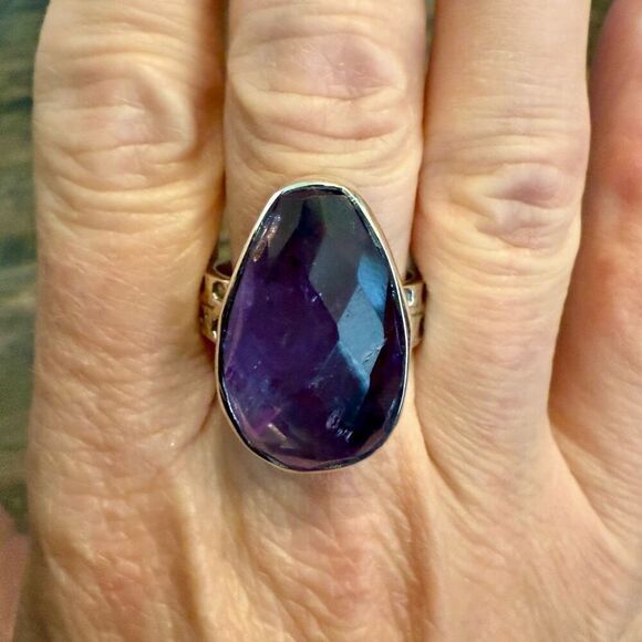 Natural Amethyst Faceted Teardrop Solitaire Sterling Silver Statement Ring Sz 10 - Picture 4 of 6